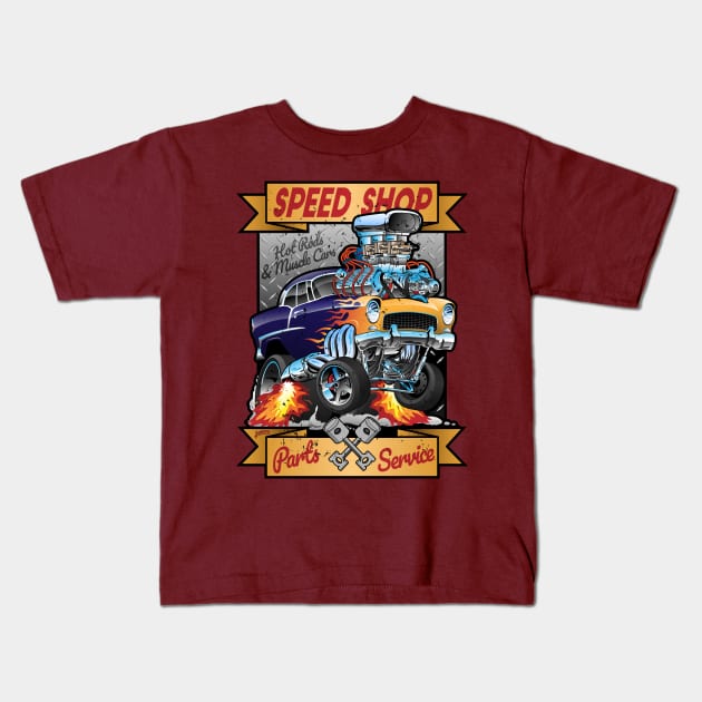 Speed Shop Hot Rod Muscle Car Parts and Service Vintage Cartoon Illustration Kids T-Shirt by hobrath